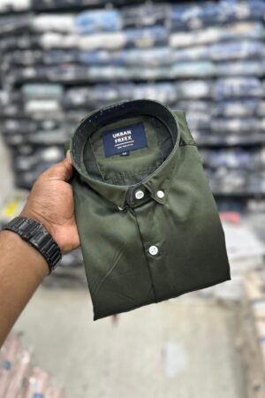 Satin Plain Shirts (Full Sleeve) - 3XL - 44, Olive Green